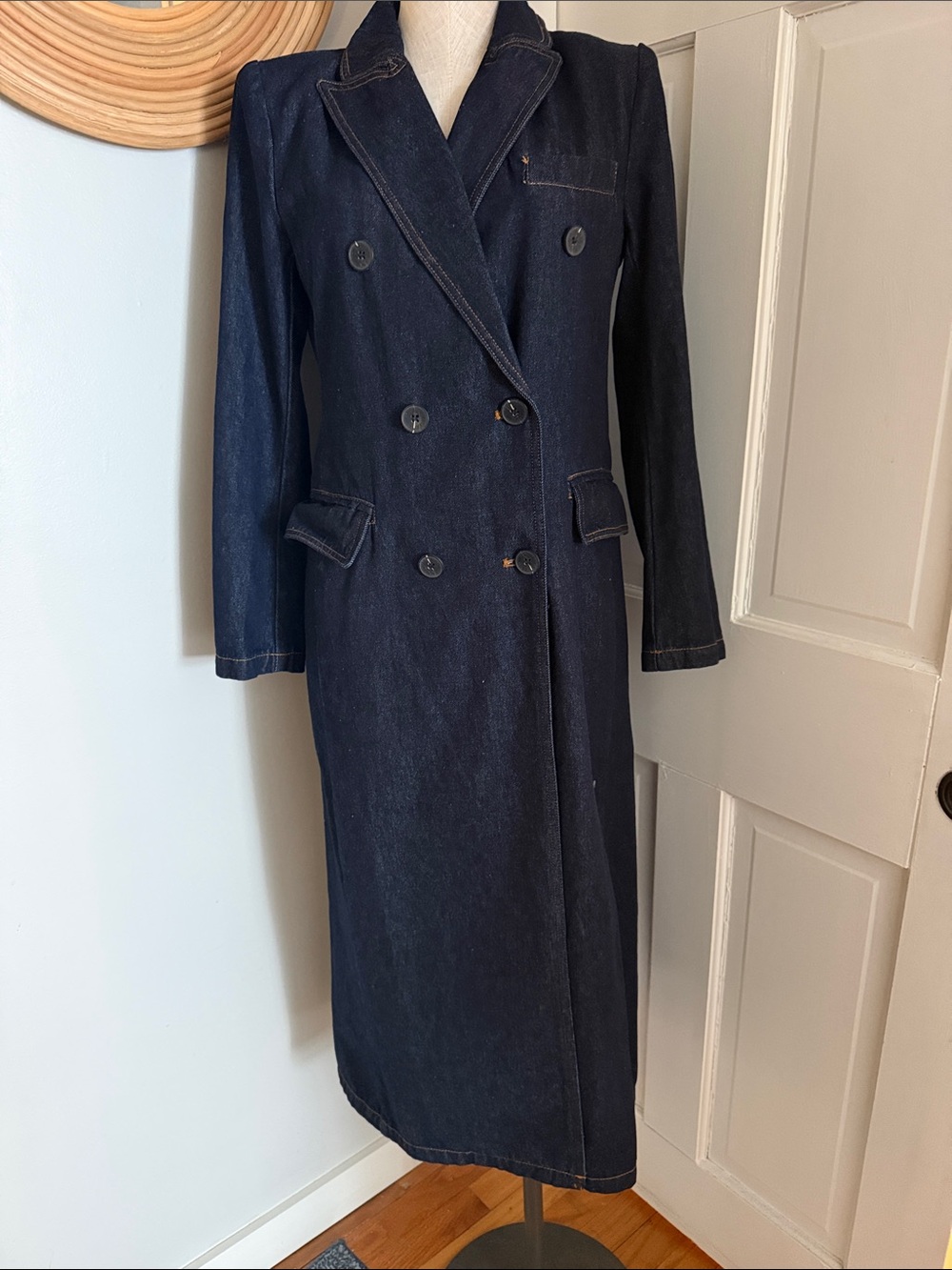 Avec Les Filles Dark Indigo Double-Breasted Denim Trench Coat